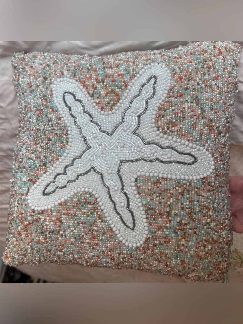 Beaded Floral Accent Pillow - Cream with Green & Coral